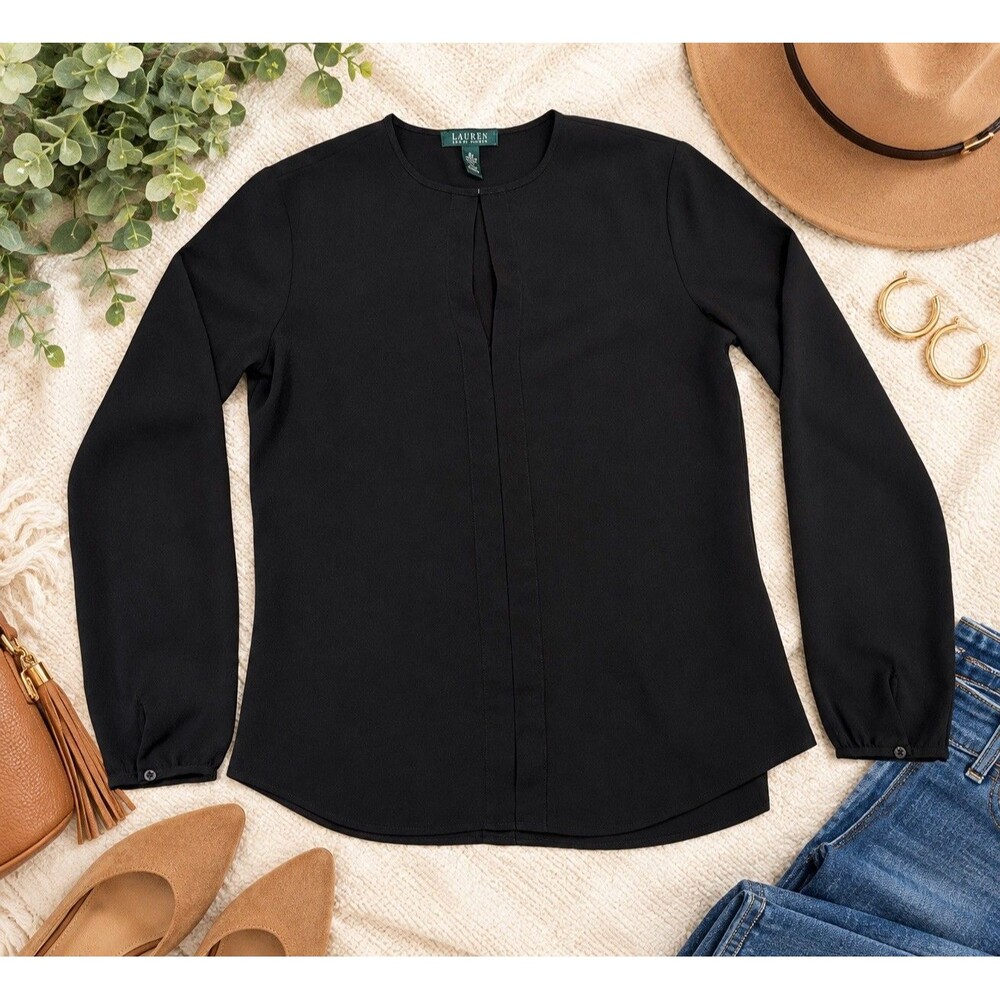 Ralph Lauren Womens Top Medium Black Tunic Keyhole Blouse Sheer Holiday